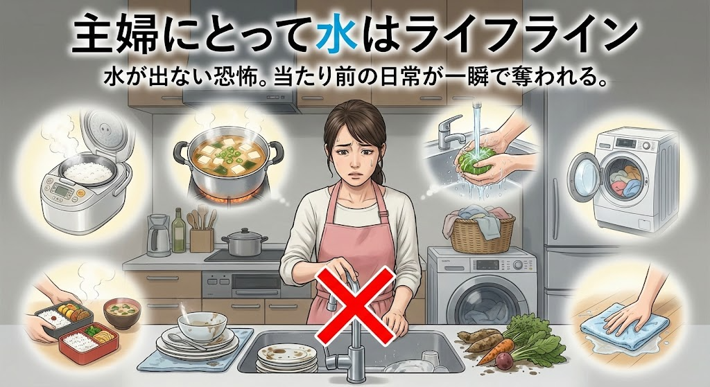 断水を体験して備えの大切さを実感するイメージイラスト